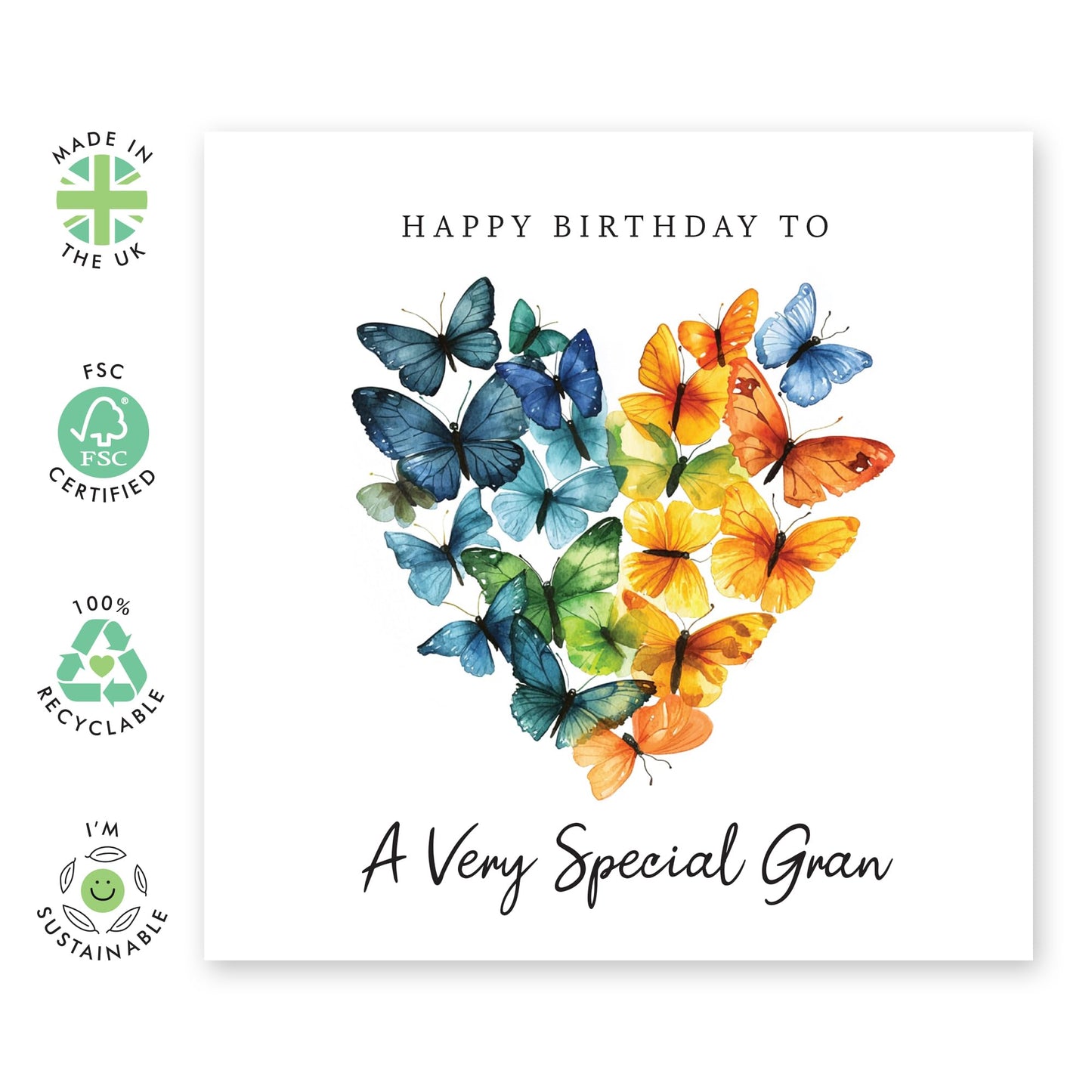 Cute Birthday Card - 'Gran Birthday Butterfly' - Presents for Mimi, Nana, Grandma, Grandmum, Grandmother, Grandmama - Heart Shaped - Comes with Fun Stickers