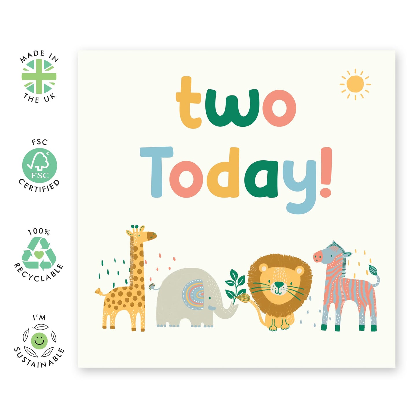 2nd Birthday Greeting Card - 'Two Today Safari Animals' - Gifts for 2 Year Olds, Boys, Girls, Toddlers, Niece, Nephew, Son, Daughter - Lion Zebra Elephant Giraffe - Comes with Fun Stickers