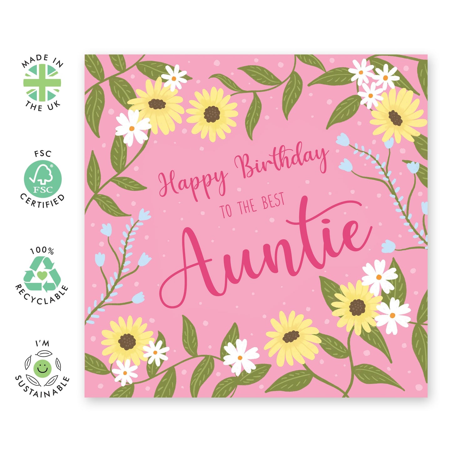 Sweet Birthday Card - 'Birthday Auntie' - Cute Gifts for Aunt, Family, Relatives from Niece or Nephew - Pink and Flowers - Comes with Fun Stickers