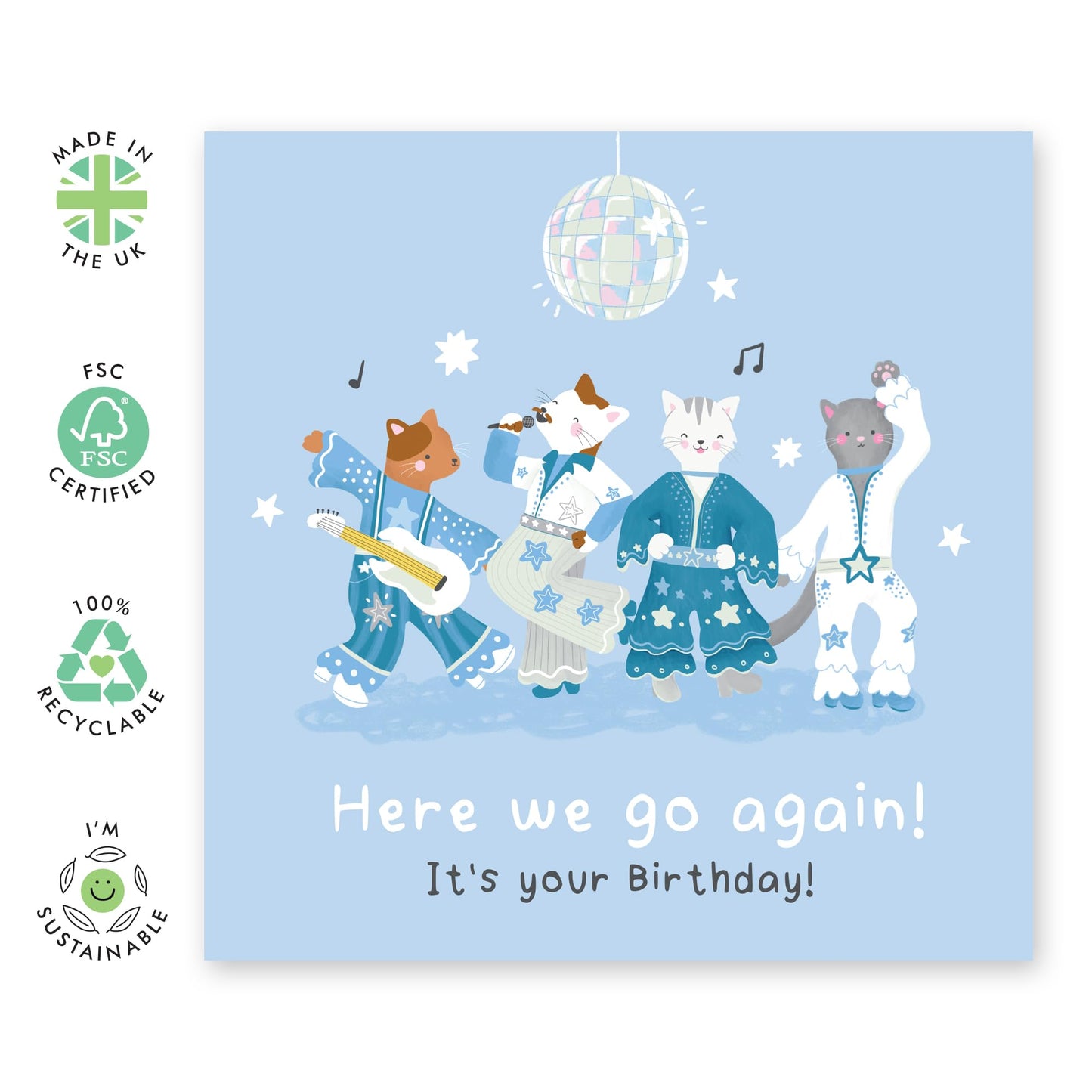 Disco Birthday Card - 'Here We Go Again Abba Cats' - Gifts for Women, Men, Him, Her, Best Friend, Besties, Sister, BFF - Dancing & Drinks - Comes with Fun Stickers