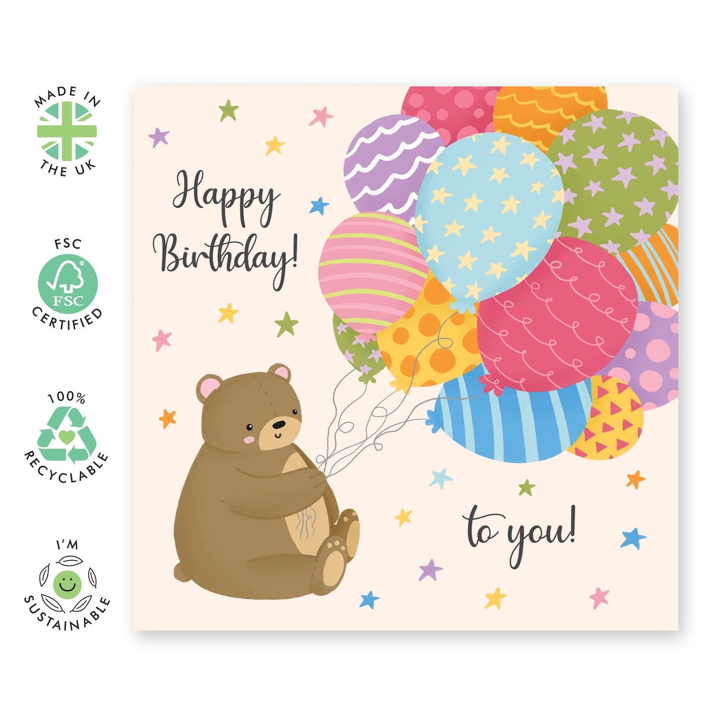 Cute Bear Birthday Card - 'Birthday Bear Balloons' - Gifts for Kids, Children, Girlfriend, Boyfriend, BFF, Bestie, Sister, Colleagues, Niece, Nephew - Colourful - Comes with Fun Stickers