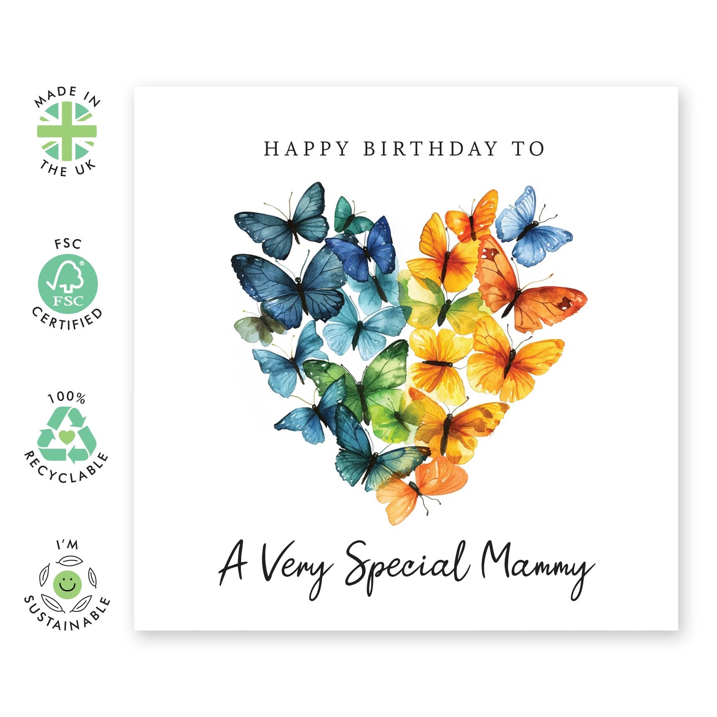 Cute Mother's Birthday Card - 'Mammy Birthday Butterfly' - Presents for Mother, Mum, Mammy, Mama - Heart Shaped - Comes with Fun Stickers