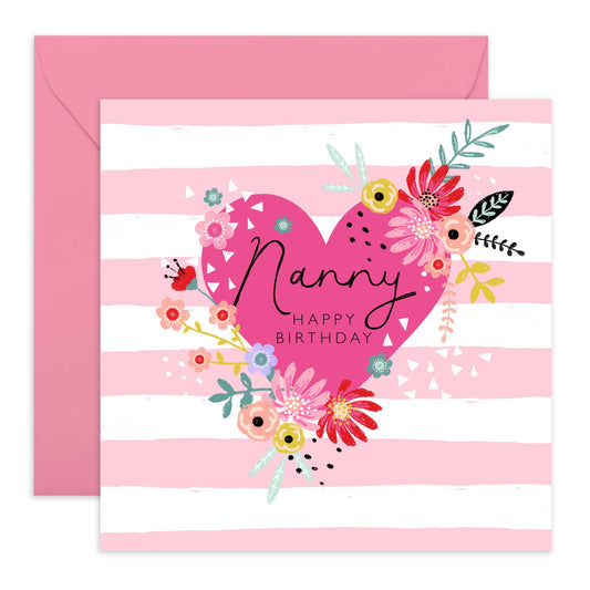Happy Birthday Cards For Nanny - Hearts Flowers - Floral Grandma Gifts Presents For Her - Pink Celebration Greeting Cards For Women Nana Grandmother - Comes With Fun Stickers - By Central 23
