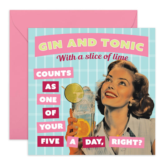 Funny Greeting Card - 'GIN AND TONIC FIVE A DAY' - Gifts for Cocktail Lovers, Mum Birthday Card, Mothers Day Ideas - Presents for Women, Her, Ma, Sister, Wife, Auntie, Colleague - Comes with Stickers