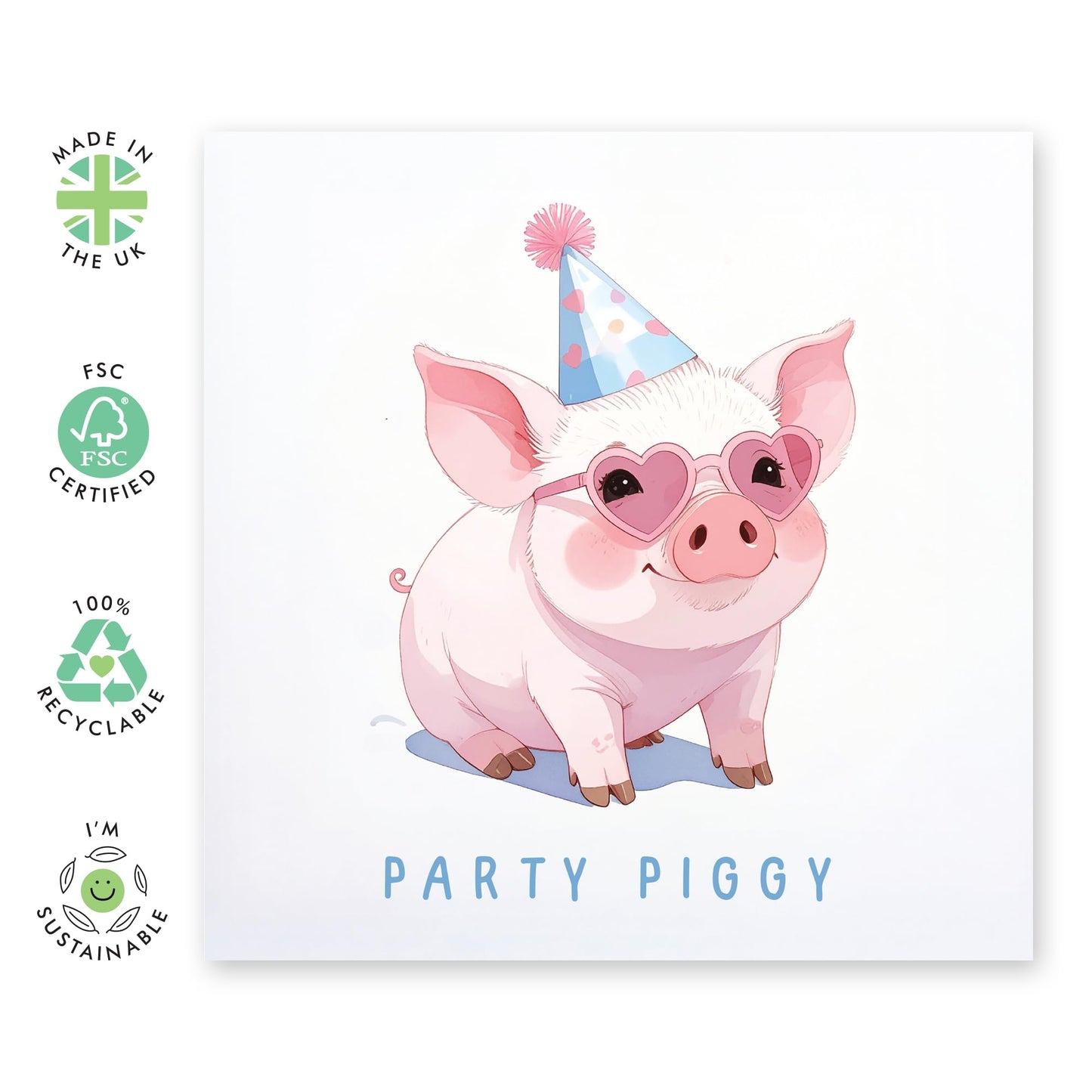 Cute Pig Greeting Card for Women – Party Piggy – Thinking of You Card for Her, Girls, Colleagues, Coworkers, Wife, Girlfriend, Daughter, Niece – Lovely Gifts - Comes with Stickers