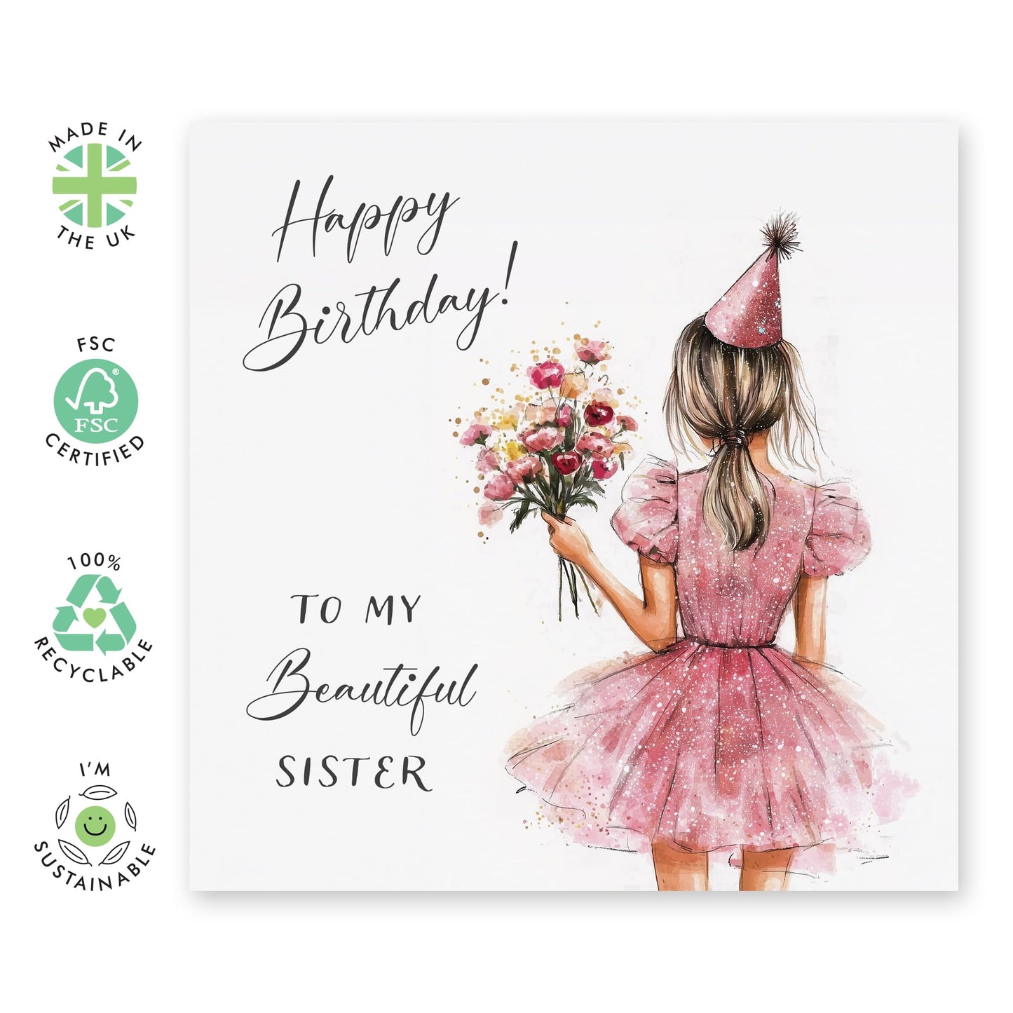 Girl In Dress Birthday Card - 'To My Beautiful Sister' - Gifts for Little or Big Sis, Sibling, Girls, Family, Relatives, From Brother or Sis - Pony Tail - Comes with Fun Stickers