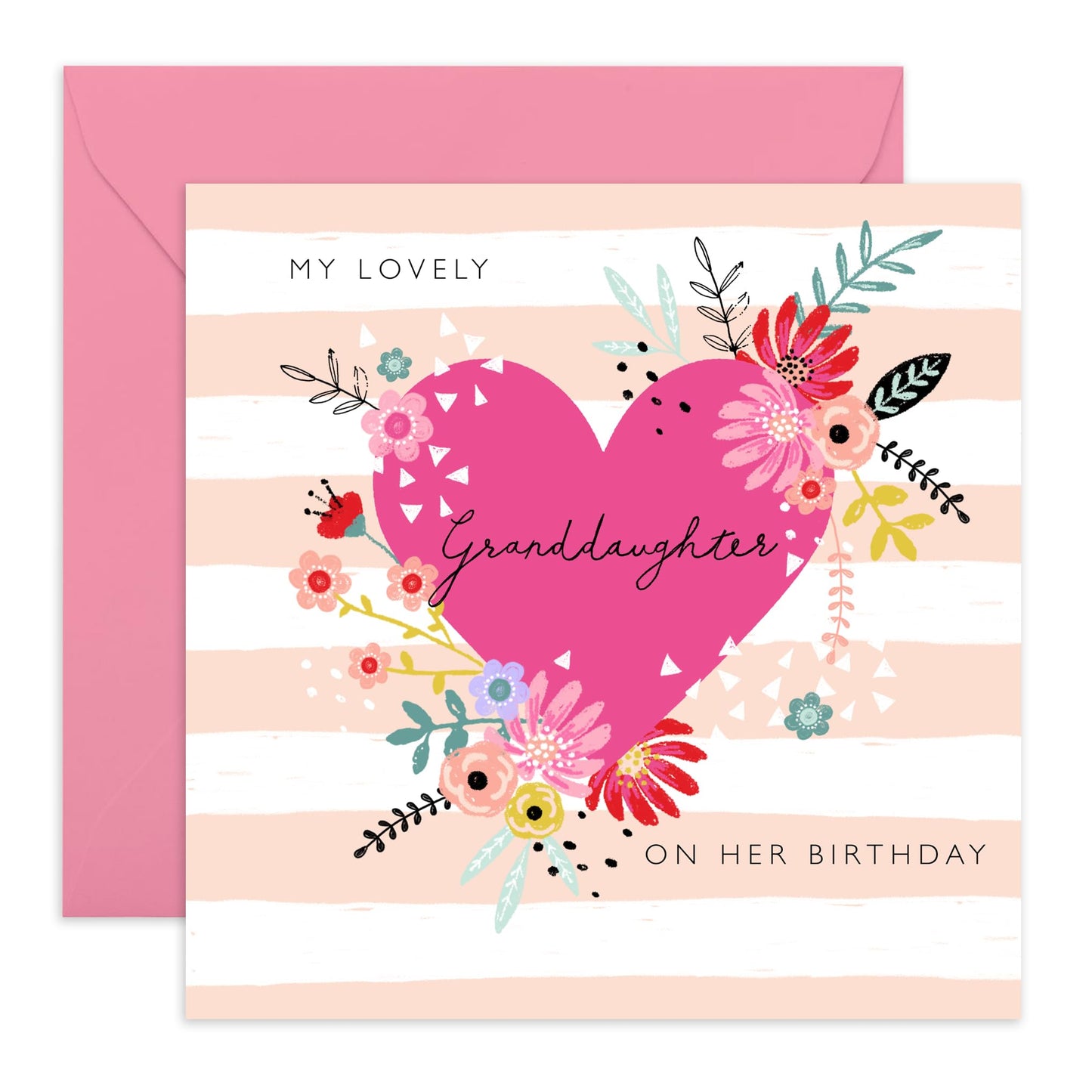 Granddaughter Birthday Card - To My Lovely Granddaughter - Floral Pink Hearts Birthday Card For Women Girls Her - Flower Card - Granddaughter Gifts - Comes With Fun Stickers - By Central 23