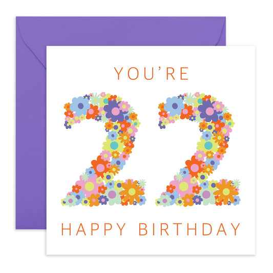 22nd Birthday Card For Her - Floral Rainbow Age 22 - Floral Birthday Card - Happy Twenty-two Birthday Greeting Card Female Friend - Daughter Sister Niece - Comes With Fun Stickers - By Central 23