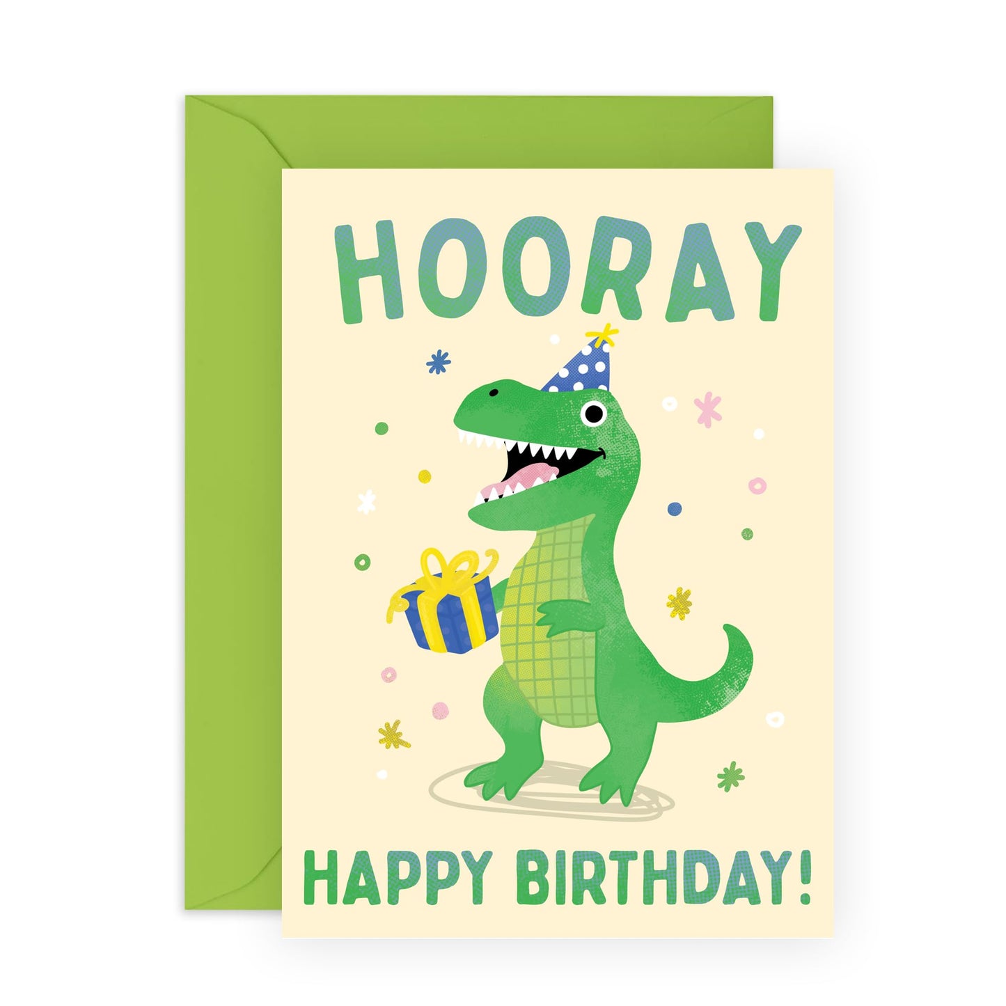 Cute Dinosaur Birthday Card - 'Hooray' - Gifts for Boys, Sons, Kids, Children, Family - Green Dino with Present - Comes with Fun Stickers