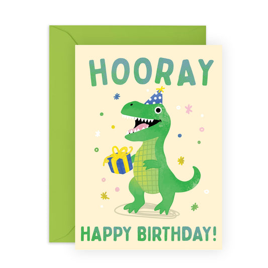 Cute Dinosaur Birthday Card - 'Hooray' - Gifts for Boys, Sons, Kids, Children, Family - Green Dino with Present - Comes with Fun Stickers