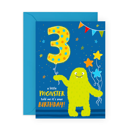 Birthday Card 3 Year Old Girl - Boys Birthday Card Age Three - Cute Monster Greeting Cards For Kids - Gifts For Son Daughter Niece Nephew Godson - 3rd Bday - Comes With Stickers By Central 23