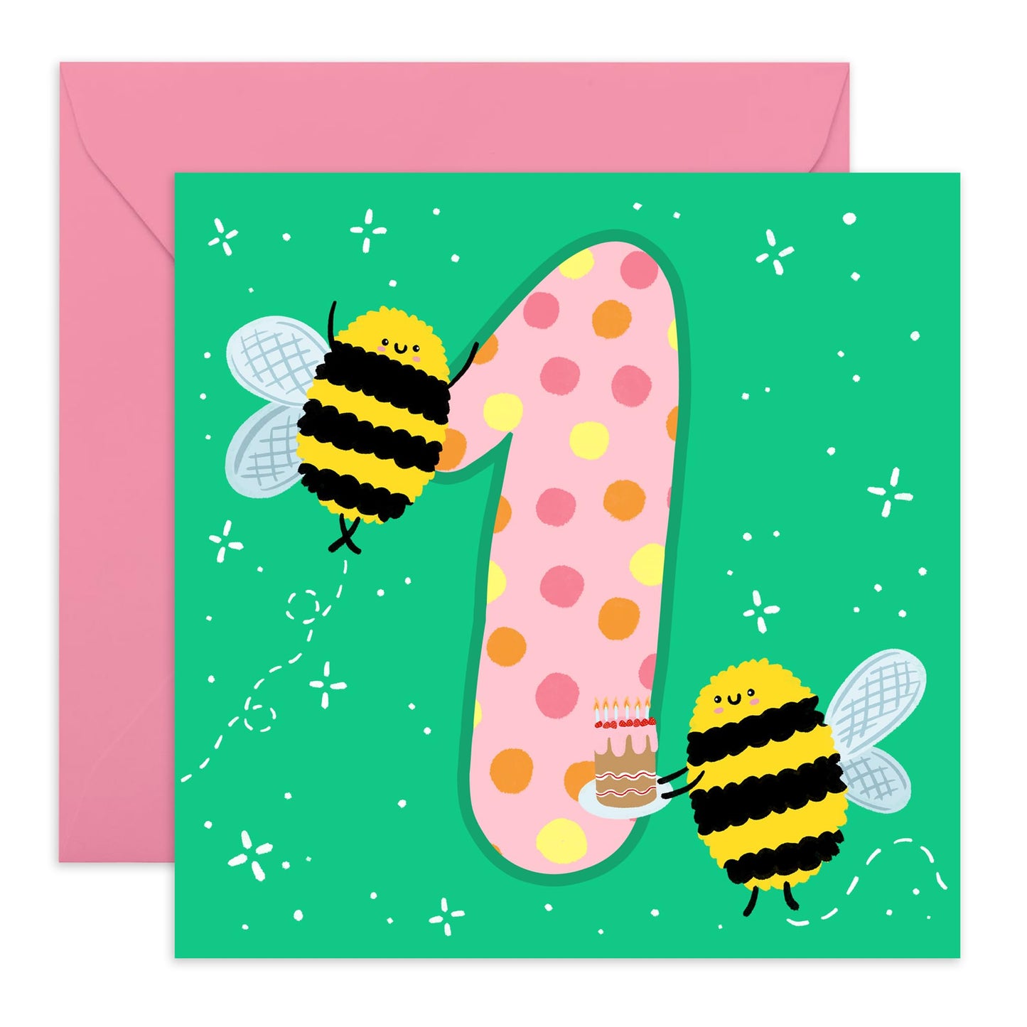 First Birthday Card Girl Boy - Happy Birthday Cards For Kids One Year Old - 1st Birthday Card For Son - Baby Milestone Age Cards Green - Bee Gifts For Daughter - Comes With Stickers By Central 23