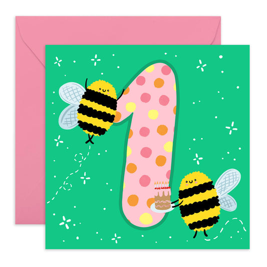 First Birthday Card Girl Boy - Happy Birthday Cards For Kids One Year Old - 1st Birthday Card For Son - Baby Milestone Age Cards Green - Bee Gifts For Daughter - Comes With Stickers By Central 23