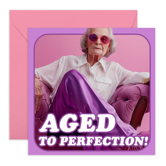 Cute Birthday Card - 'Aged to Perfection' - Gifts to Mum, Grandmother, Mommy, Aunt, Her - Aging Like Fine Wine - Comes with Fun Stickers
