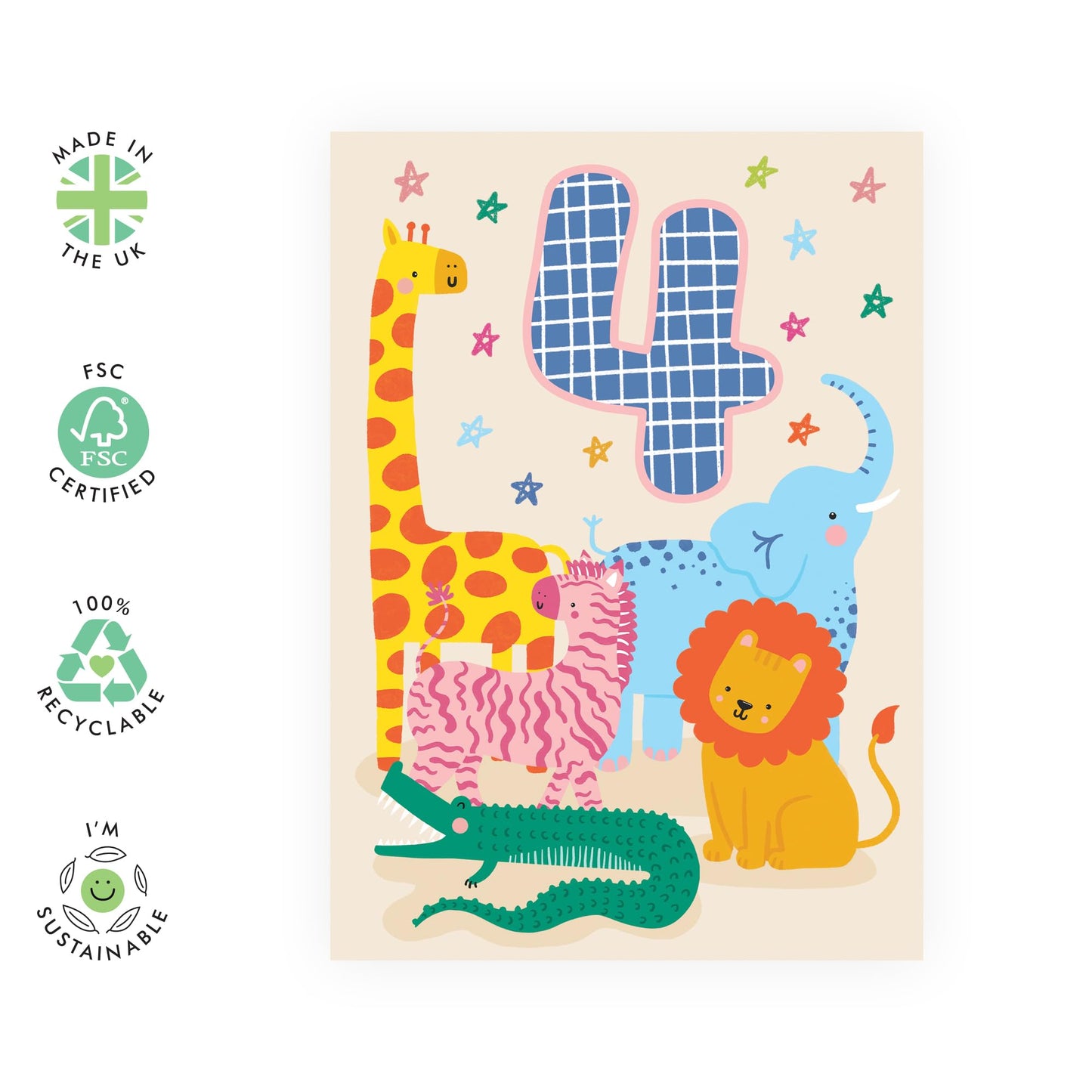 4th Birthday Card Boy Girl Kids - Cute Safari Animals - Happy Birthday Card Age Four - Happy Birthday Cards For Son Granddaughter Niece Toddler - Forth Bday Gifts - Comes With Stickers By Central 23