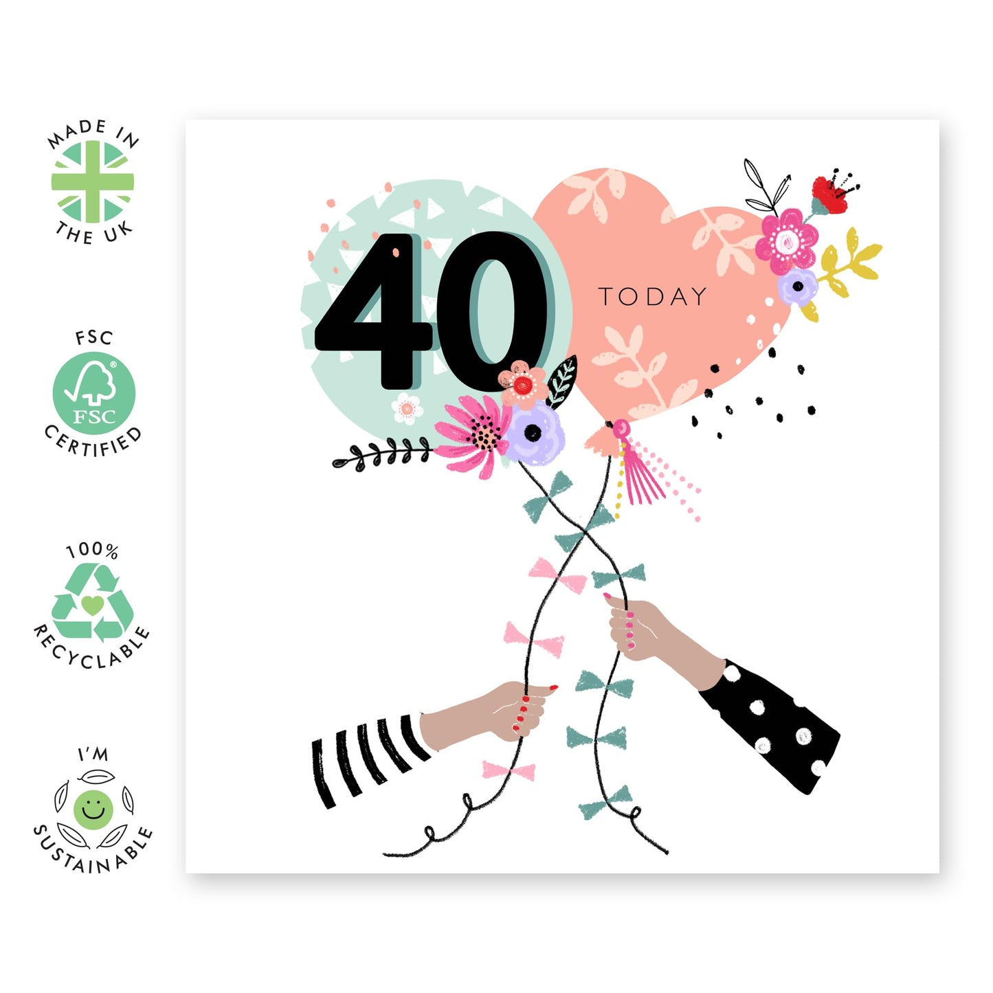 40th Birthday Card For Wife - 40 Today Pretty Balloons - Floral Birthday Card For Mum - Sister - Bday Card - Happy Fortieth Birthday Greeting Card Female Friends - Comes With Stickers By Central 23