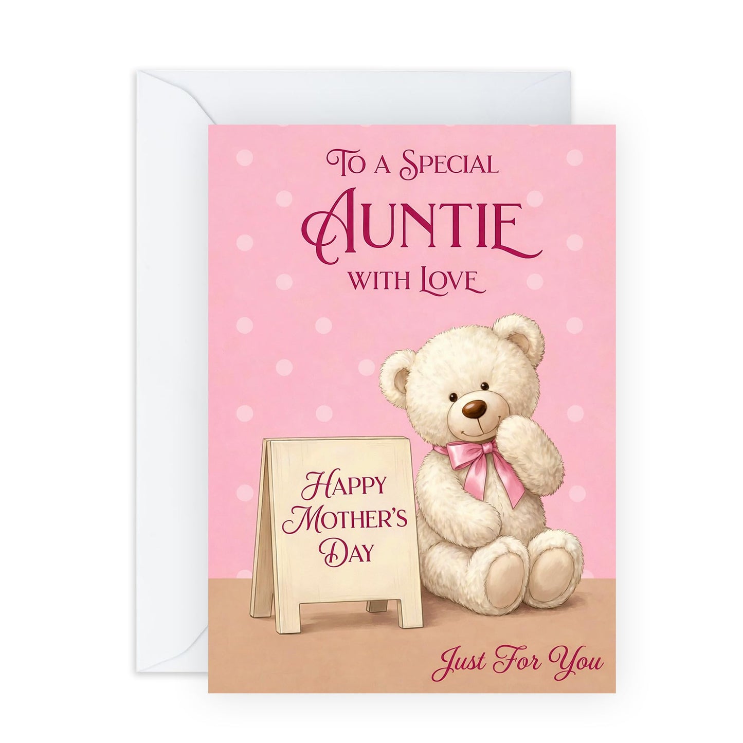Cute Mother’s Day Card – "Auntie Just For You" - Greetings for Aunts Mama Mums Mummy Her Ladies Women Family - Teddy Bear Sitting From Niece Nephew - Comes with Sweet Stickers