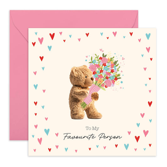 Sweet Birthday Card- 'Favourite Person Bear' - Gifts for Him, Her, Wife, Husband, Boyfriend, Girlfriend, Close Friend - Cuddly Bear - Comes with Fun Stickers