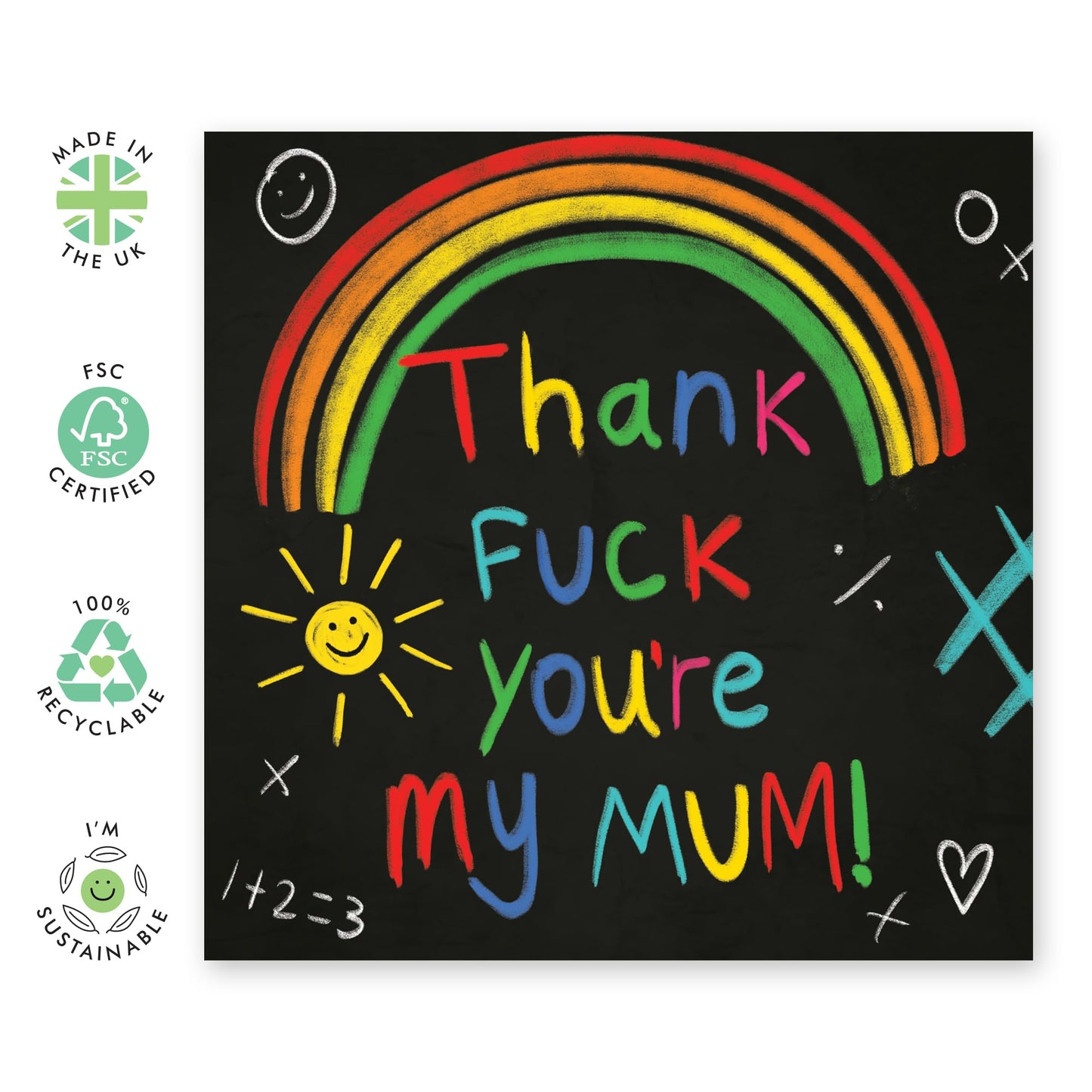 Bold Greeting Card for Her - 'THANK F**K YOU'RE MY MUM' - Birthday Cards for Mama, Mam, Mummy, Women - Hand Written Chalk Design - Mothers Day Card from Son Daughter Family - Comes with Stickers