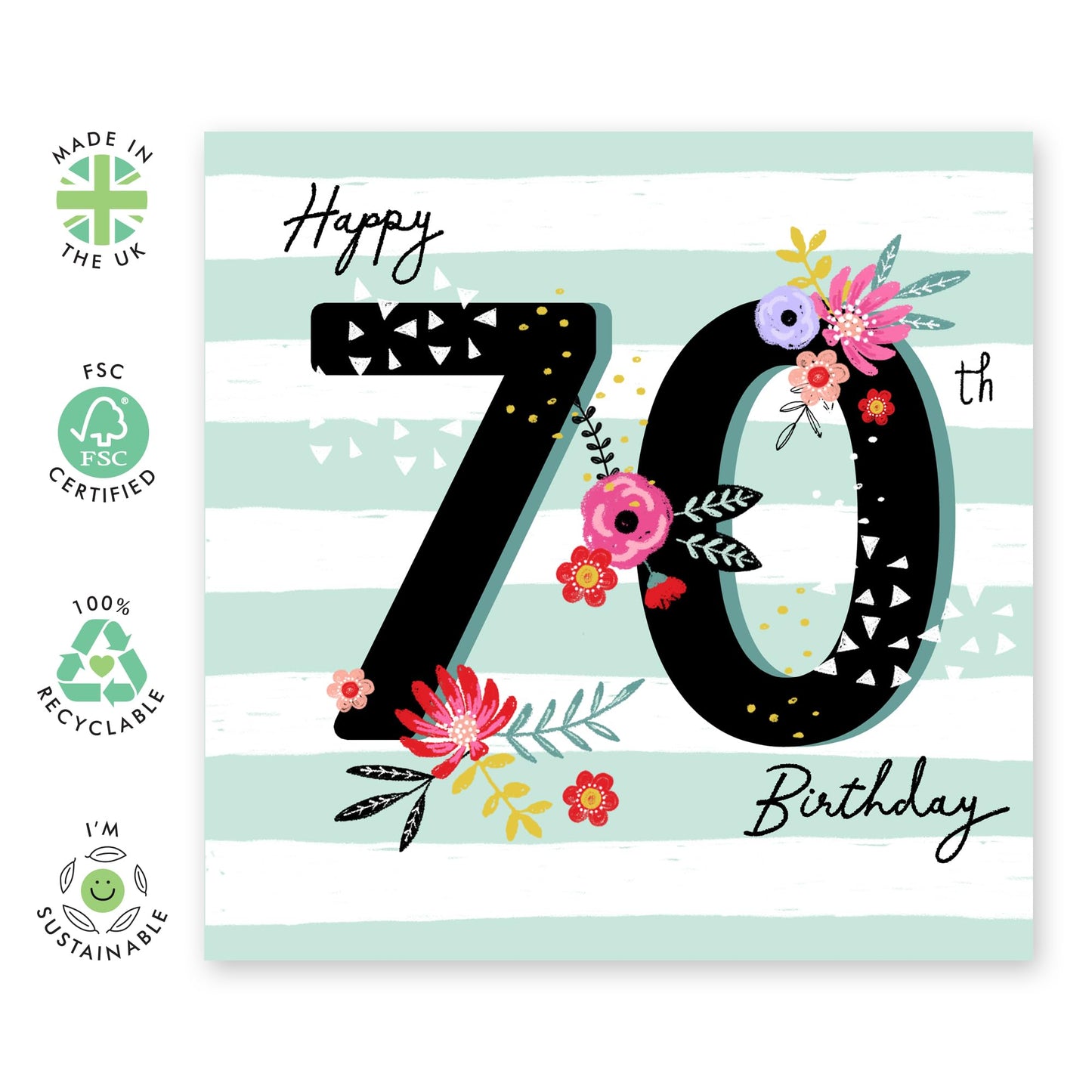 Mum Birthday Card - Stripes - Female Birthday Card For 70th Birthday - Birthday Gifts For Women - Age 70 - For Nan Wife Auntie - Comes With Stickers - By Central 23