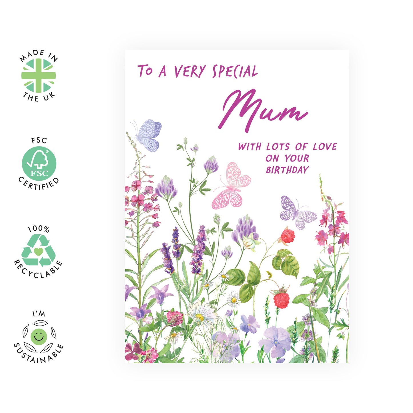 Lovely Birthday Card - 'Birthday Floral Mum' - Gifts for Mother, Mama, Mammy, Mam, Wife, From Kids & Husband - Flowers & Butterflies - Comes with Fun Stickers