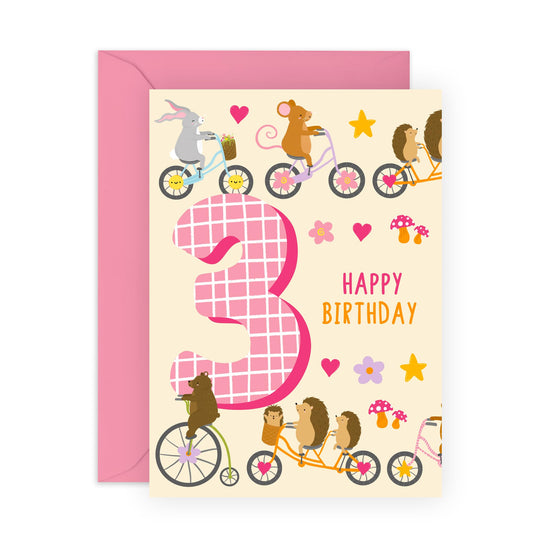 3rd Birthday Card Boys Girls - Children Age 3 Animals On Bike - Baby Milestone Cards Age Three - Third Birthday Cards - Animal - Gifts For Son Daughter Niece Nephew - Comes With Stickers By Central