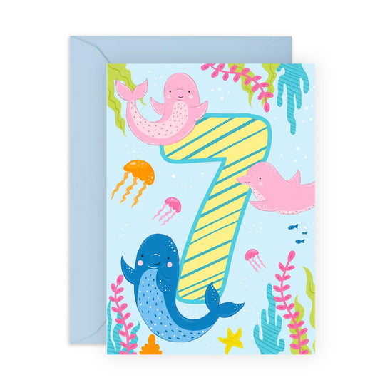 7th Birthday Card Girl Boy - Cute Dolphins Pink Blue Green - Seventh Birthday Card - Milestone Kids Age Card - Seven Year Old Gifts For Toddler - Comes With Fun Stickers By Central 23