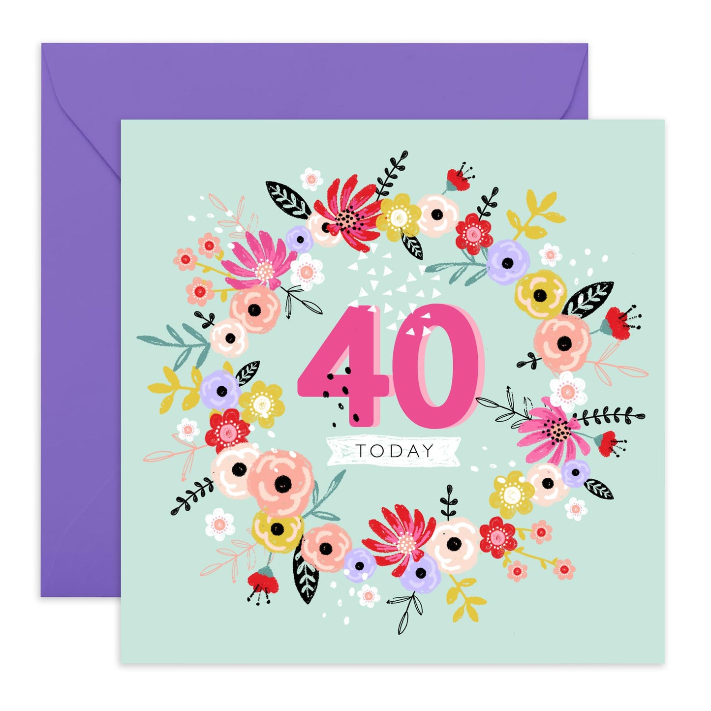 Elegant Birthday Card For Women Age 40 - 40 Today Floral Wreath - Happy 40th Birthday Cards For Sister - Floral Bday Cards - Gifts For Friends Aunt Daughter - Comes With Stickers By Central 23