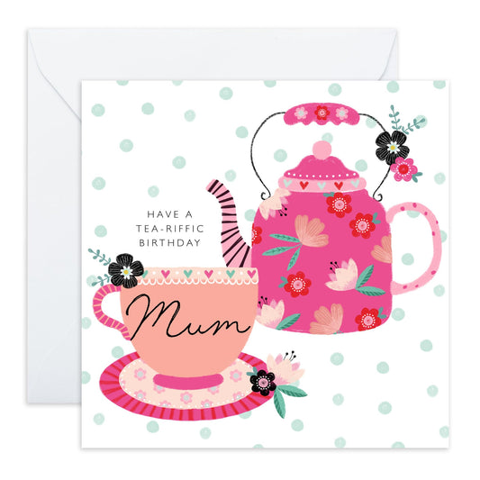 Birthday Card For Mummy - Tea-riffic Birthday Mum - Birthday Card For Mother From Son Daughter - Pretty Greeting Cards For Mum - Balloons Birthday Card - Comes With Fun Stickers - By Central 23