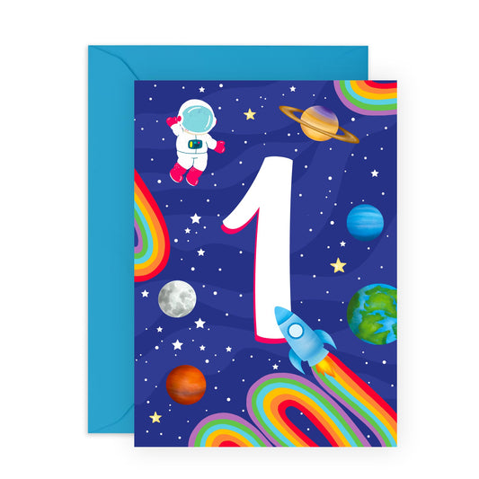 1st Birthday Card Boys Girls - 1 Space - Baby Milestone Cards Age One - First Birthday Cards - Astronaut - Gifts For Son Daughter Niece Nephew - Comes With Sticker By Central 23