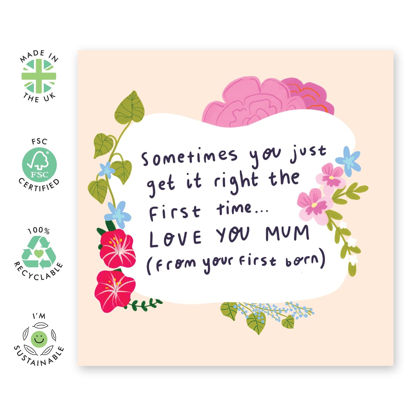 Mum Birthday Card - Right First Time - Mothers Day Card For Her, Women, Mama, Mummy, Mam - Flowers Design Gift For Her from Son Daughter Family First Born - Appreciation Gifts -Comes With Stickers
