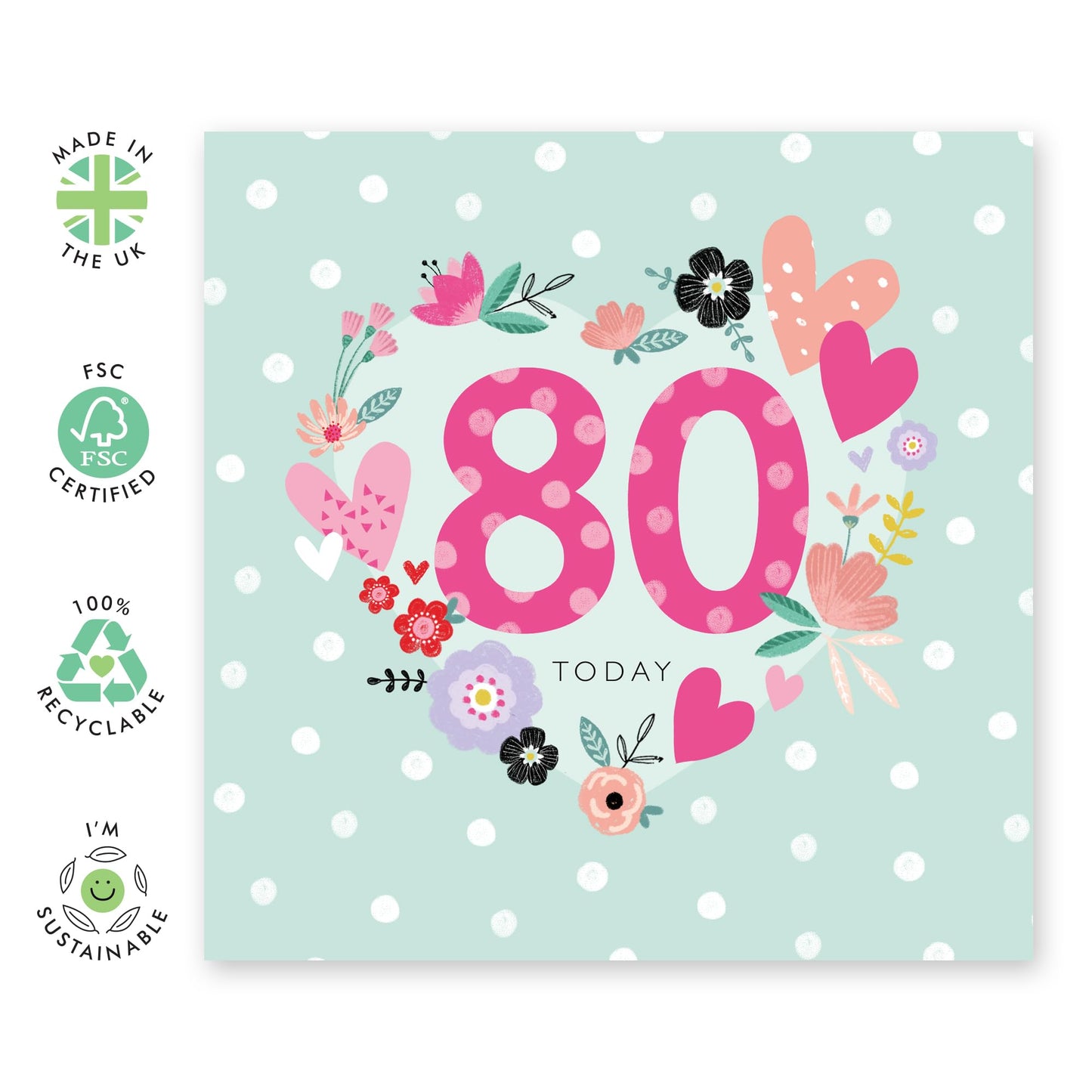 80th Birthday Card For Women - 80th Floral Heart - Grandmother Birthday Greeting Card - Floral Birthday Card - Happy Eightieth Birthday Card Grandma - Comes With Fun Stickers By Central 23
