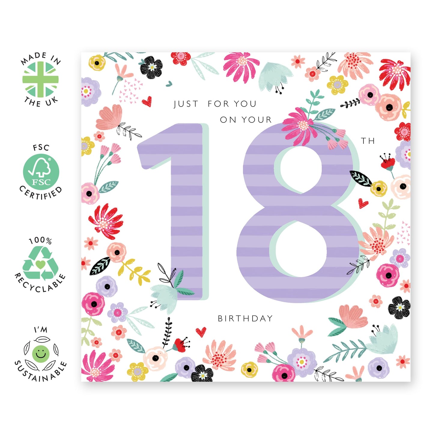 18th Birthday Card For Her - Just On Your 18 Birthday Stripe - Happy Eighteenth Birthday Cards Daughter - 18 Year Old Gifts For Best Friend - Floral Bday Card - Comes With Stickers By Central 23