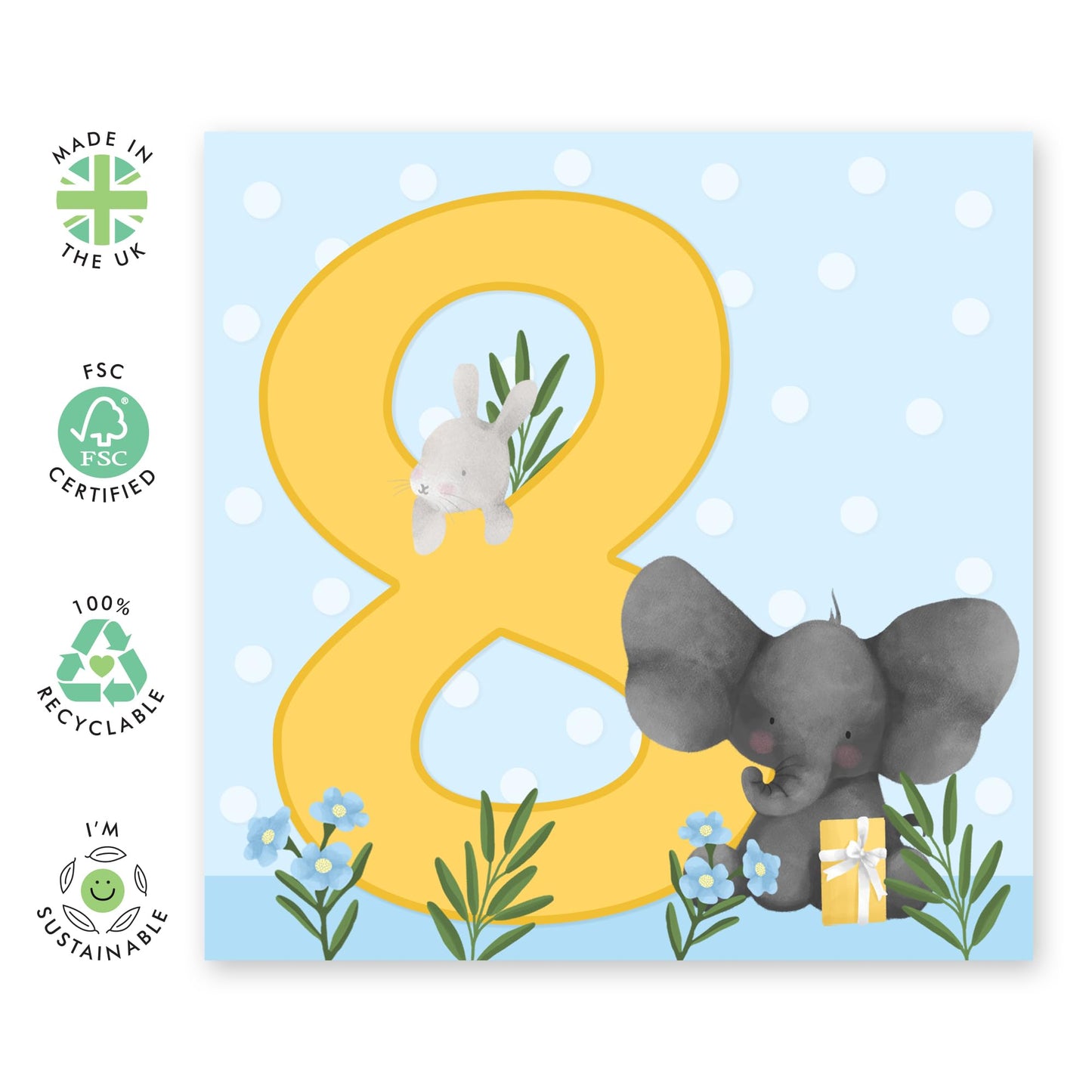Boy Birthday Card Age 8 - Cute Animals Elephant - 8th Birthday Card - Milestone Card Eight Year Old - Gifts For Toddler Kids Grandson Nephew - Comes With Fun Stickers - By Central 23