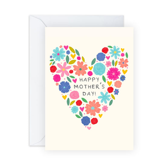 Heart Flowers Mother’s Day Card – Colourful Floral Design- Sweet Gift for Mum, Mummy, Mama, Ma, Mam, Wife, Grandma, Nan, In Law, Sister, Her, Women from Son or Daughter - Comes with Stickers