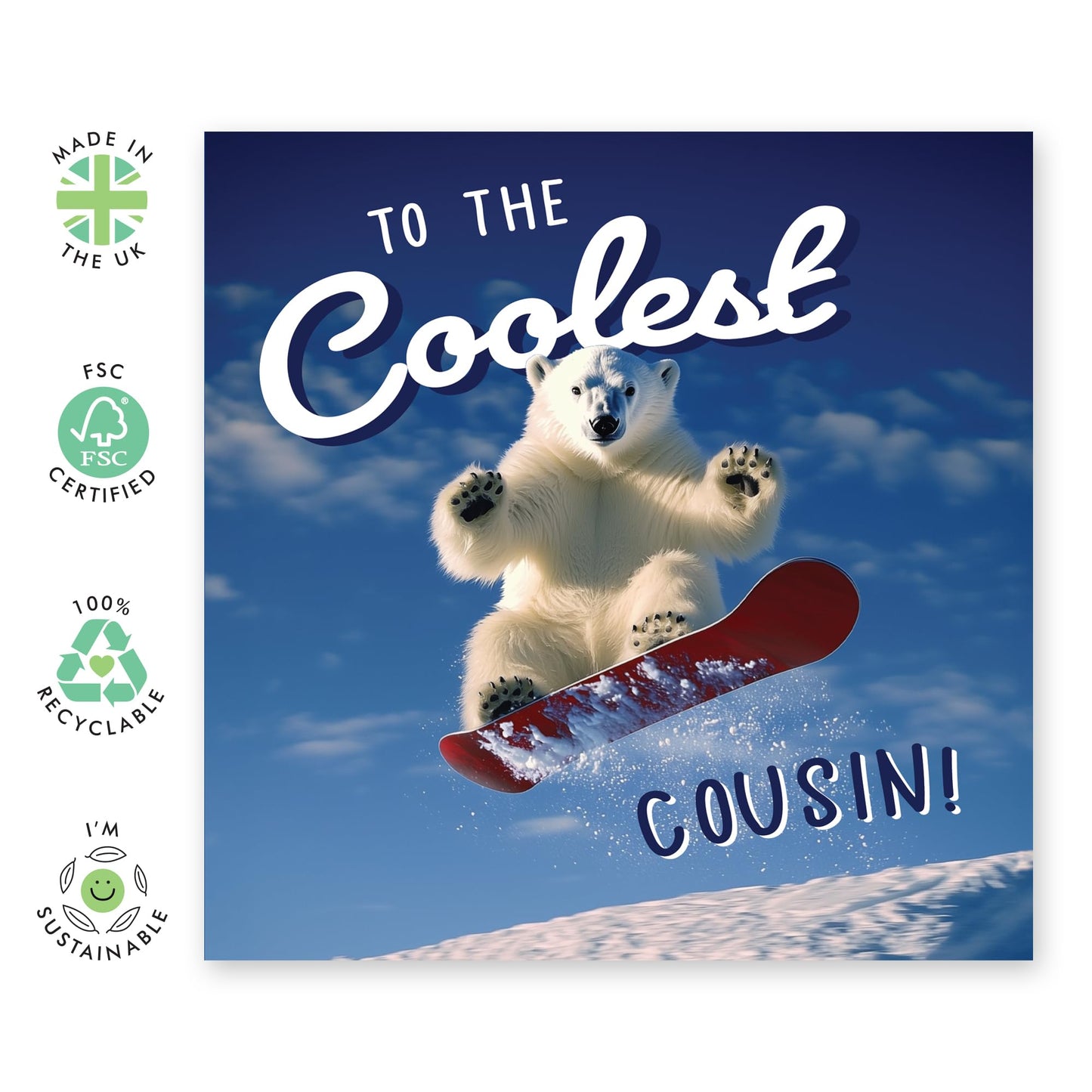 Cuz's Birthday Card - 'Coolest Cousin Polar Bear' - Gifts for Relatives, Family, Cousins, Her, Him, Bruv, Mate - Snowboard - Comes with Fun Stickers