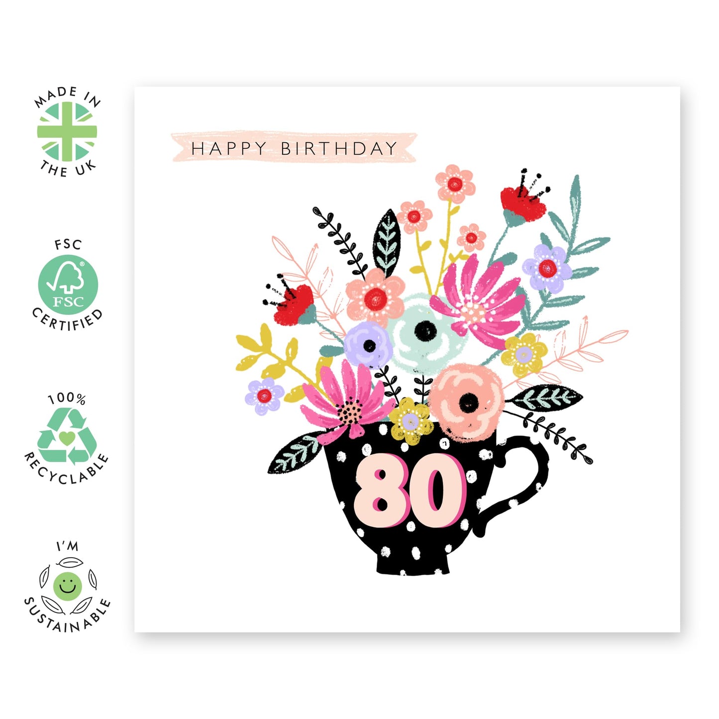 80th Birthday Card For Women - 80th Teacup Floral - Grandmother Birthday Greeting Card - Floral Cards - Gifts For Grandmum - Eightieth Birthday Card Grandma - Comes With Fun Stickers By Central 23