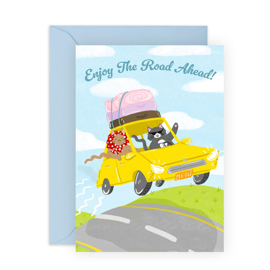 Goodbye Cards For Friends - Enjoy The Road Ahead Cats - Farewell Cards For Son Daughter Neighbour - College University New Job - Coworker Leaving Card - Comes With Fun Stickers - By Central 23
