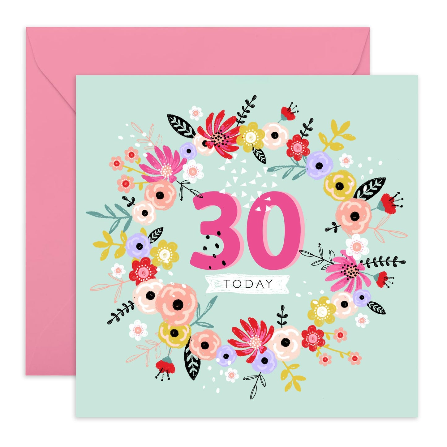 30th Birthday Card For Women - 30 Today Birthday Wreath - Wife Mum Mummy - Sister - Floral Bday Card - Happy Thirtieth Birthday Greeting Card Female Friends - Comes With Stickers By Central 23