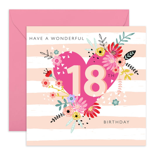 18th Birthday Card - Wonderful 18th Heart - Happy Eighteenth Birthday Cards - 18 Year Old Gifts For Best Friend Women Him Her - Floral Bday Card - From Mum Dad - Comes With Stickers By Central 23