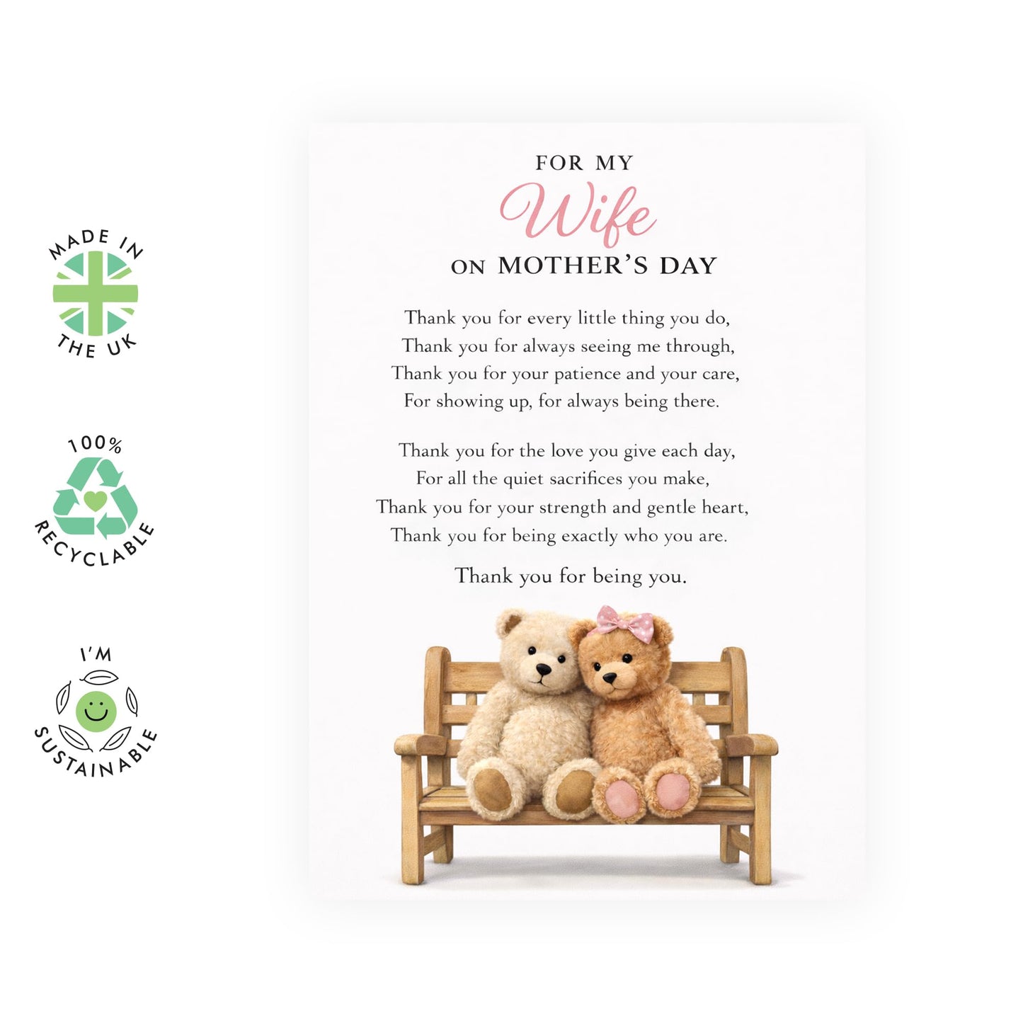 Wife Mother’s Day Card – Romantic Message for Her Wifey Spouse Partner Babe Women - Keepsake From Husband Partner – Teddy Bear, Thank You and Appreciation - Comes with Sweet Stickers