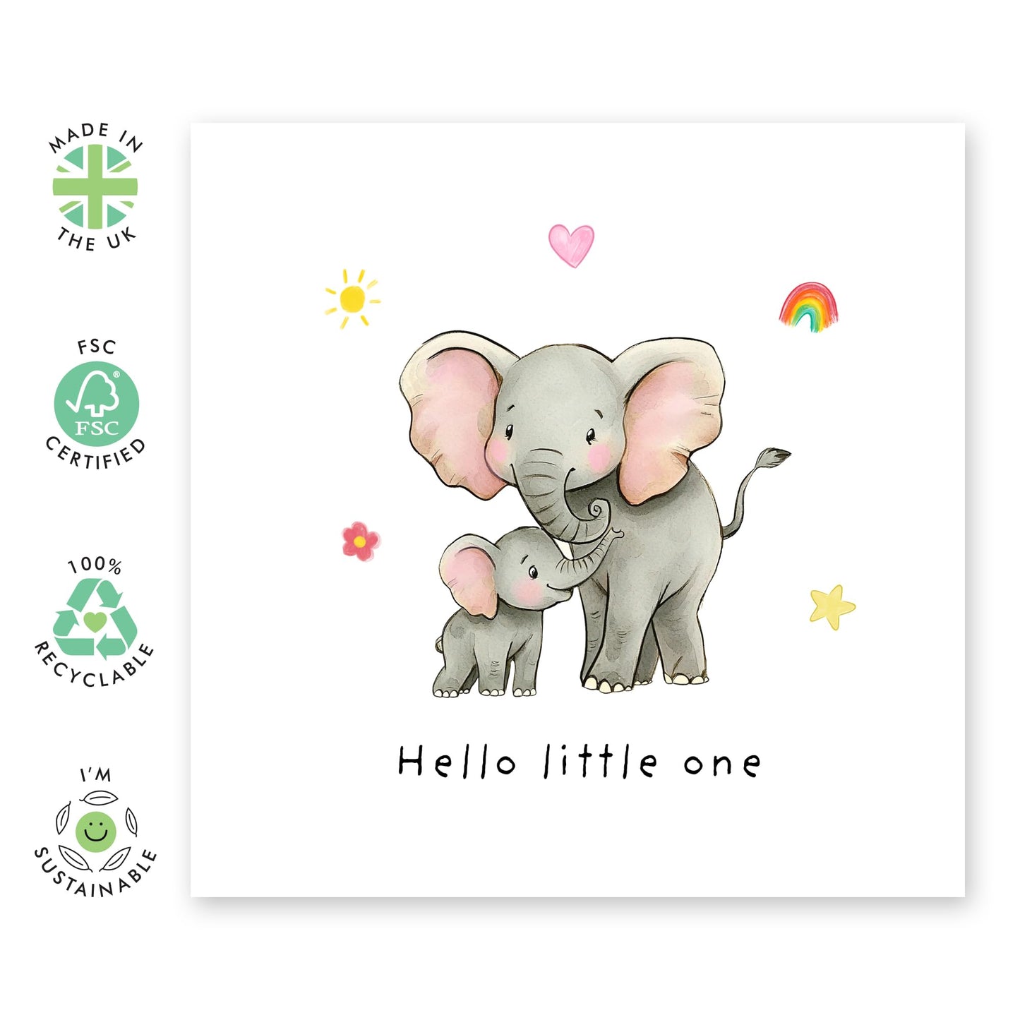 Newborn Baby Celebration Card - 'Hello Little One' - Gifts for Family, Friend, Bestie, BFF, Son, Daughter, Relatives - Elephant Mum and Baby - Comes with Fun Stickers