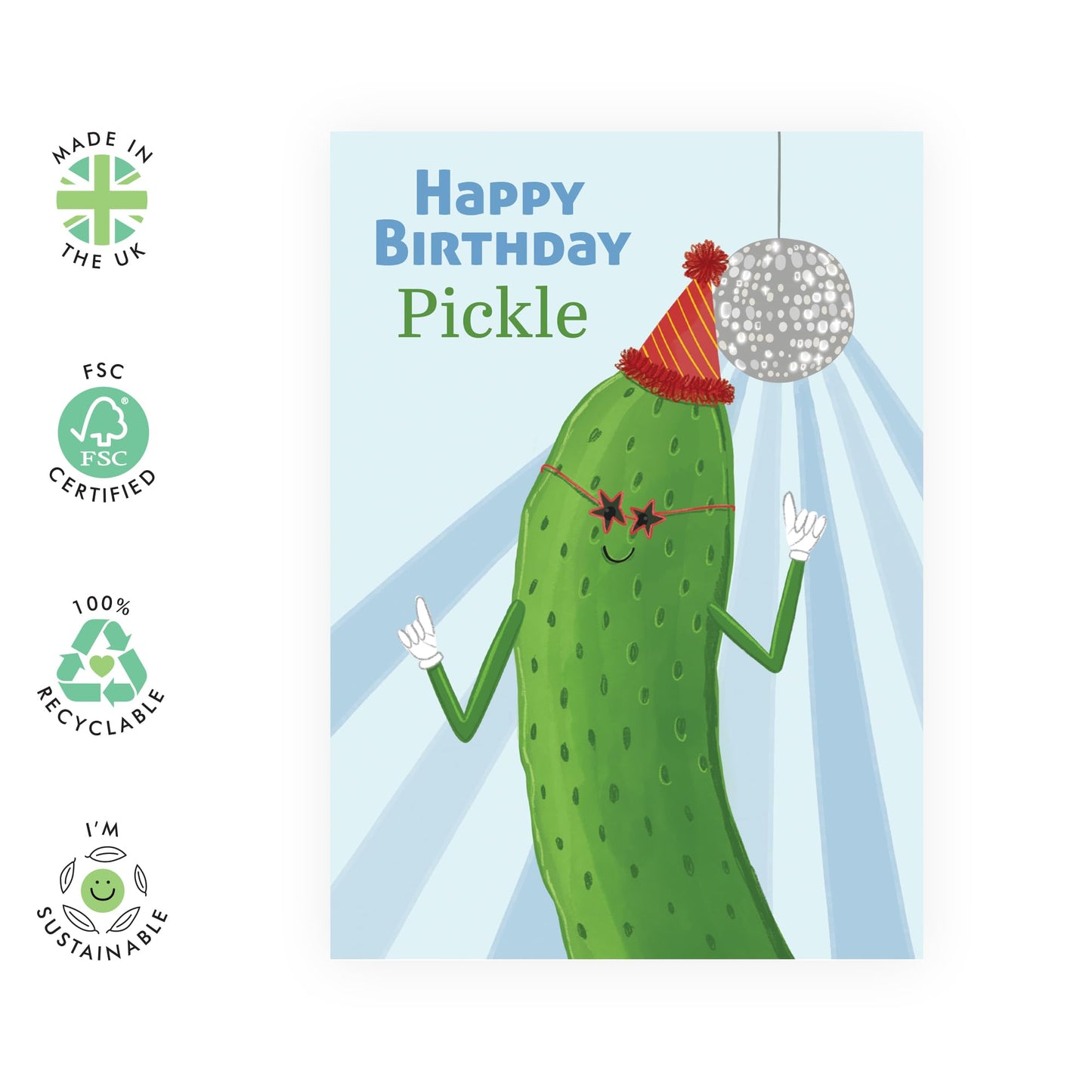 Pickle Birthday Card - 'Happy Birthday Pickle' - Gifts for Best Friends, BFF, Co-workers, Colleagues, Bruv, Mates, Bro, Guys, Him - Disco - Comes with Fun Stickers