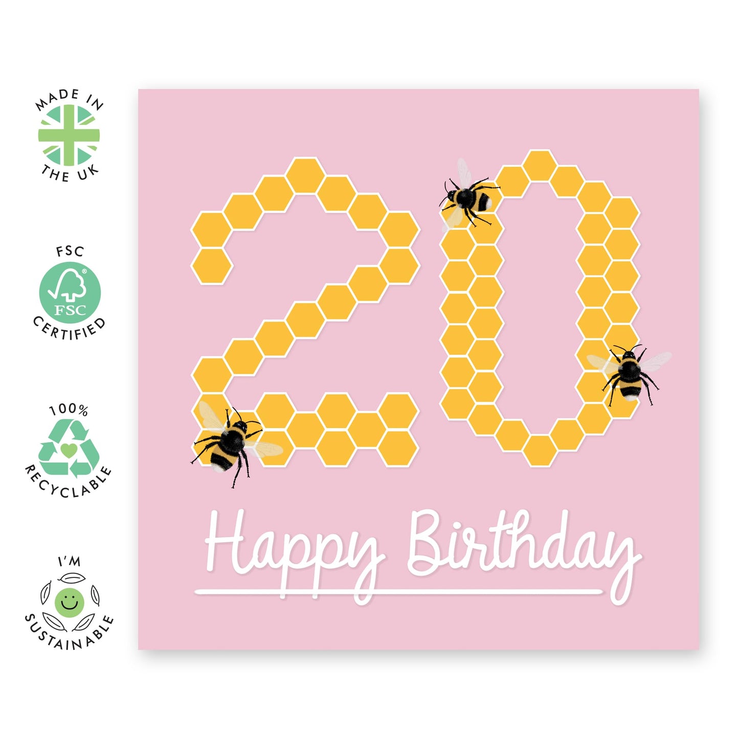 20th Birthday Card For Her - Bee Birthday Age 20 - Sweet Birthday Card - Women Sister - Happy Twenty Birthday Card - Daughter Sister Niece Friends - Comes With Fun Stickers - By Central 23