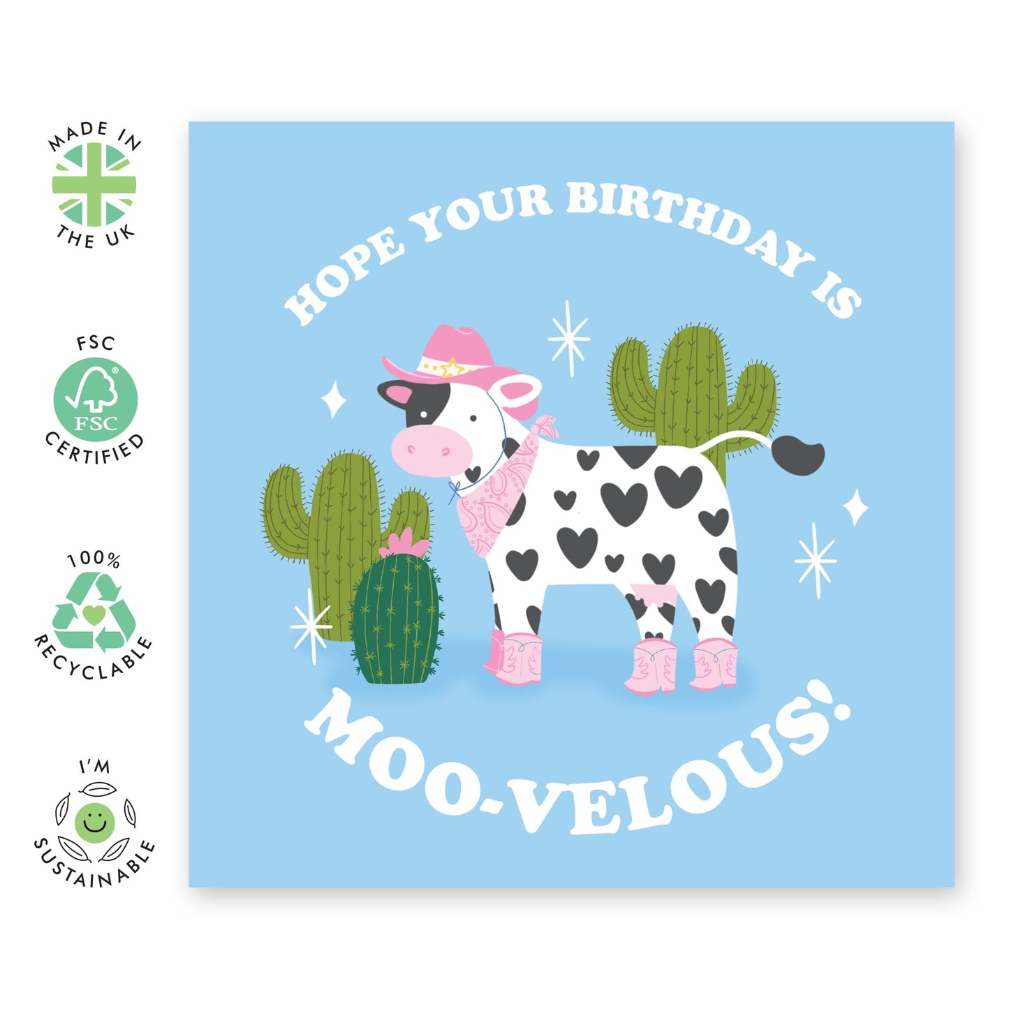 Cute Cow Birthday Card – 'Moo-Velous' - Farm Themed Greeting for Her, Sister, Friends, Besties, BFF, Collegues, Coworker, Women - Farm Animals - Comes with Fun Stickers