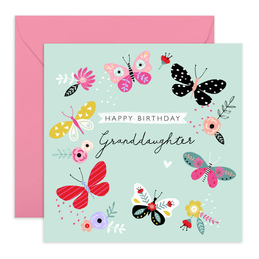 Butterfly Birthday Card For Girls Teens - Granddaughter Birthday Card For Her - Elegant Floral Card For Women - Pretty Granddaughter Gifts - Comes With Fun Stickers - By Central 23