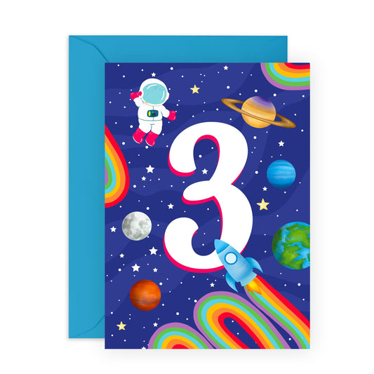 3rd Birthday Card Boys Girls - 3 Space - Baby Milestone Cards Age Three - Third Birthday Cards - Astronaut - Gifts For Son Daughter Niece Nephew - Comes With Sticker By Central 23