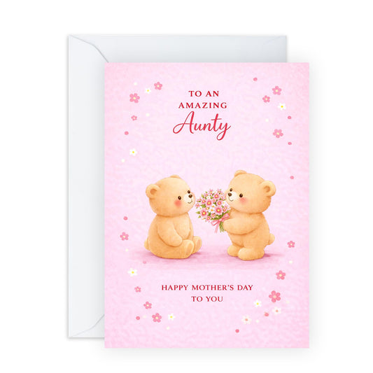 Aunty Mother’s Day Card – Cute Floral Pink Teddy Bears - Greetings for Her Ladies Women Family from Niece Girls Family - Sweet Illustrated Auntie Cards - Comes with Sweet Stickers