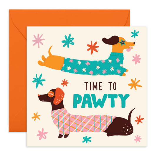 Dog Birthday Card - Time To Pawty Sausage Dogs - Birthday Cards From Dog - Sweet Greeting Cards For Fur Parents - Gifts From Pets Animals Fur Mum Dad - Comes With Stickers By Central 23