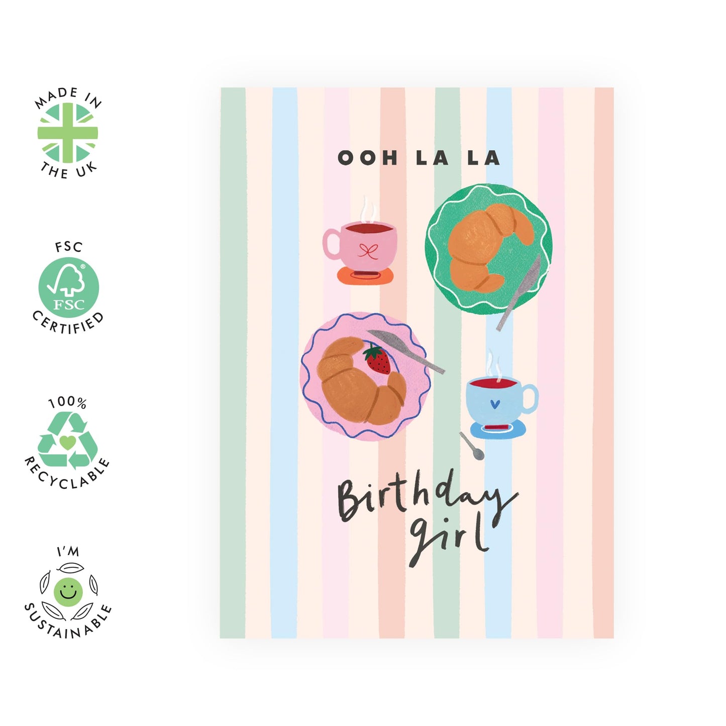 French-Themed Birthday Card for Her – “ Ooh La La ” – Gift for Girlfriend, Sister, Auntie, Mum, Niece, Friends, Besties, BFF, Wife, Colleagues - Cute Croissant & Coffee - Comes with Fun Stickers